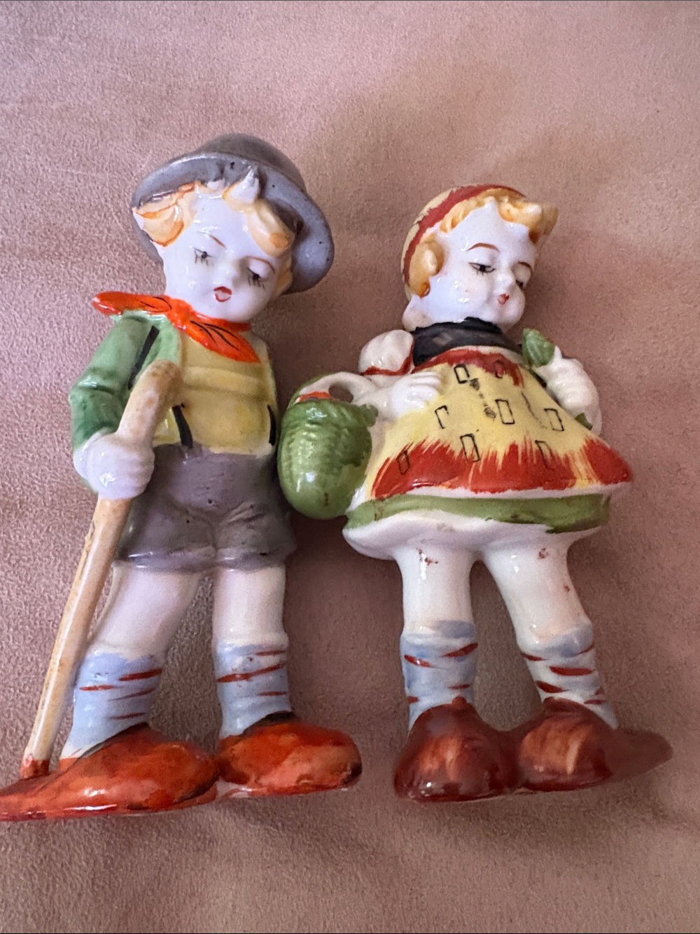 Vintage Hand-Painted Ceramic Boy & Girl Figurine Set - Green, Red, Cream